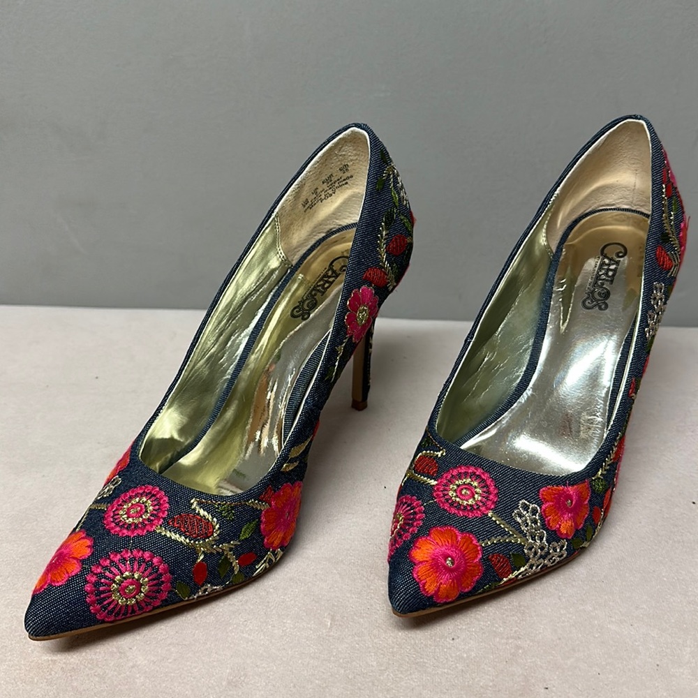 Carlos Santana, POSY denim heels with flowers, size 8